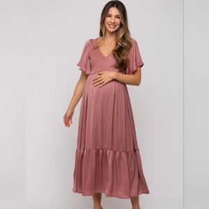 Pink Satin Smocked Maternity Midi Dress